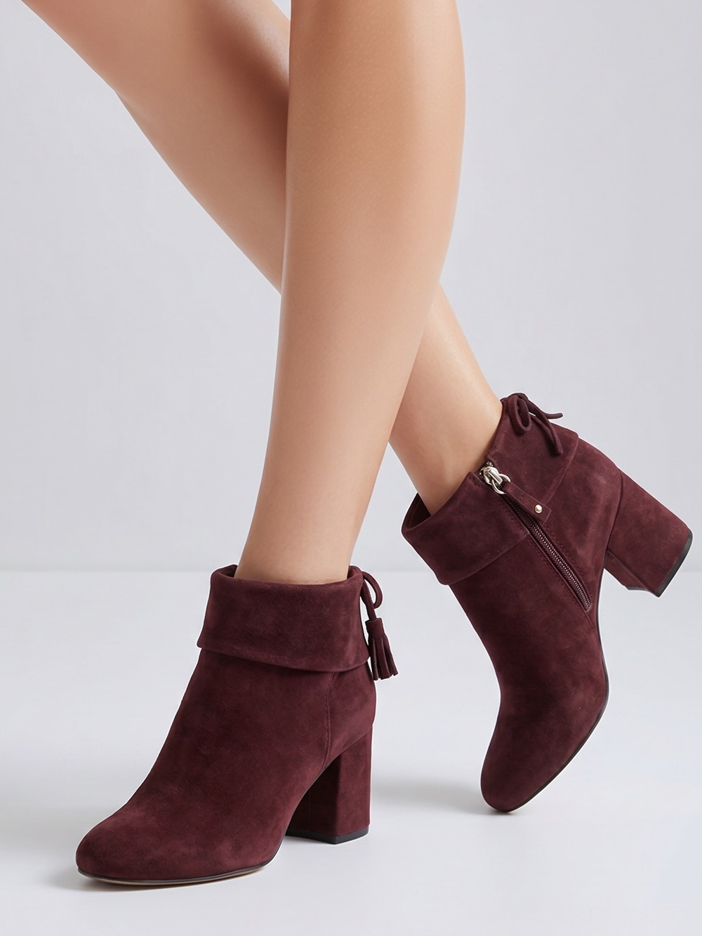 OUO Burgundy suede ankle booties side zip back bow chunky‎ block heels size 10